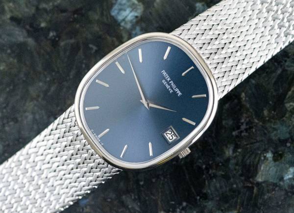 Patek Philippe 3605 seltene Jumbo Ellipse Weißgold blue dial Zertifikat 1977